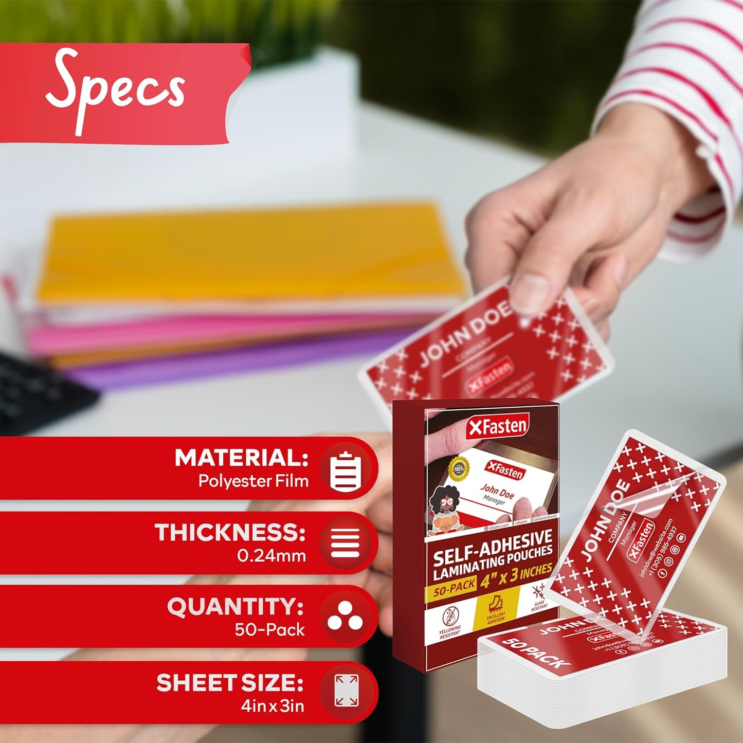 XFasten Self Sealing Laminating Pouches Business Card Size, 50-Pack, 10 Mil Non-Yellowing Business Card Laminating Pouches, Self-Adhesive Laminate Sheets, Durable, No Machine Needed, 4 in x 3 in