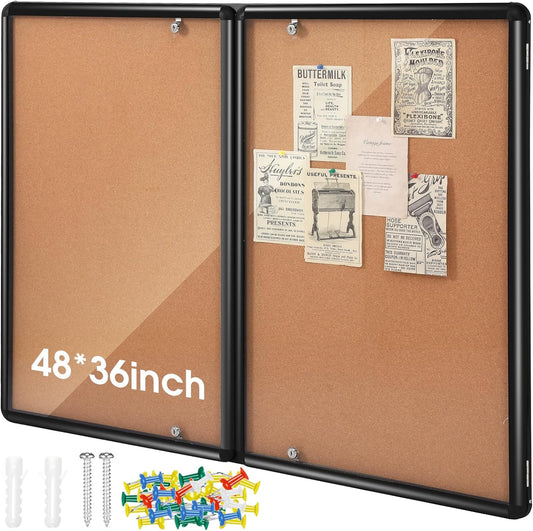 Enclosed Bulletin Board 48" x 36" Weather Resistant Lockable Notice Cork Display Board Wall Mounted 2 Locking Door for School Classroom Commercial Back to School, 12 x A4(Brown, Black Frame)