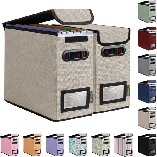 BALEINE File Organizer Box with Lid, Collapsible File Folder Organizer with Plastic Slide, Hanging File Folder Box for Office Document Storage (2 Pack, Beige, S)