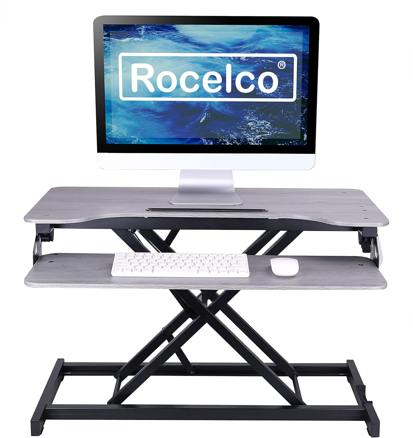 Rocelco Standing Desk Converter 31.5 Inch Sit Stand Up Dual Monitor Tabletop Riser with Tablet Mount, Height Adjustable Home Office Workstation - Deep Keyboard Tray for Laptop Mouse - Gray (R VADRG)