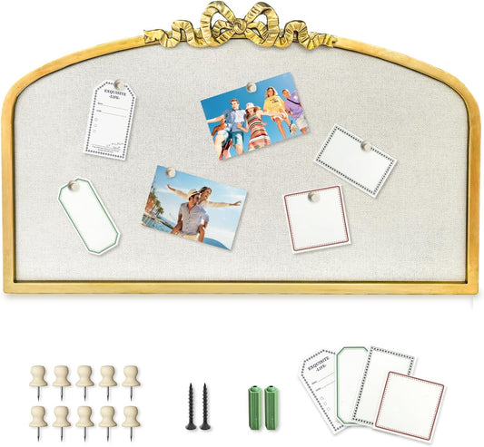 Vintage Arched Linen Cork Board with Gold Bowknot – Decorative Bulletin Board for Walls, Iron Frame Pin Board for Notes, Photos & Reminders, Elegant Vision Board for Home & Office 24"x 15"