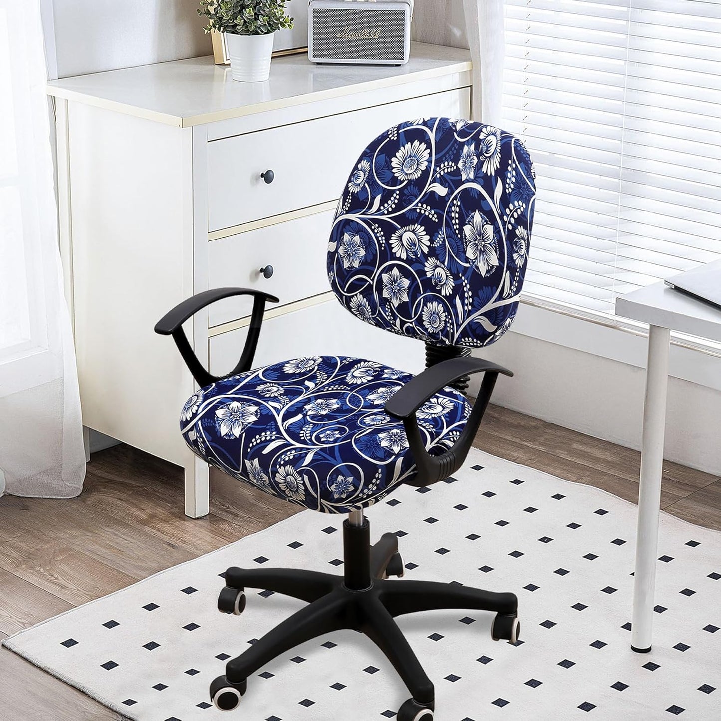 Smiry Stretch Printed Office Computer Chair Covers, Universal Washable Removable Desk Rotating Chair Slipcovers Protector, Seat + Backrest Cover - Navy Blue