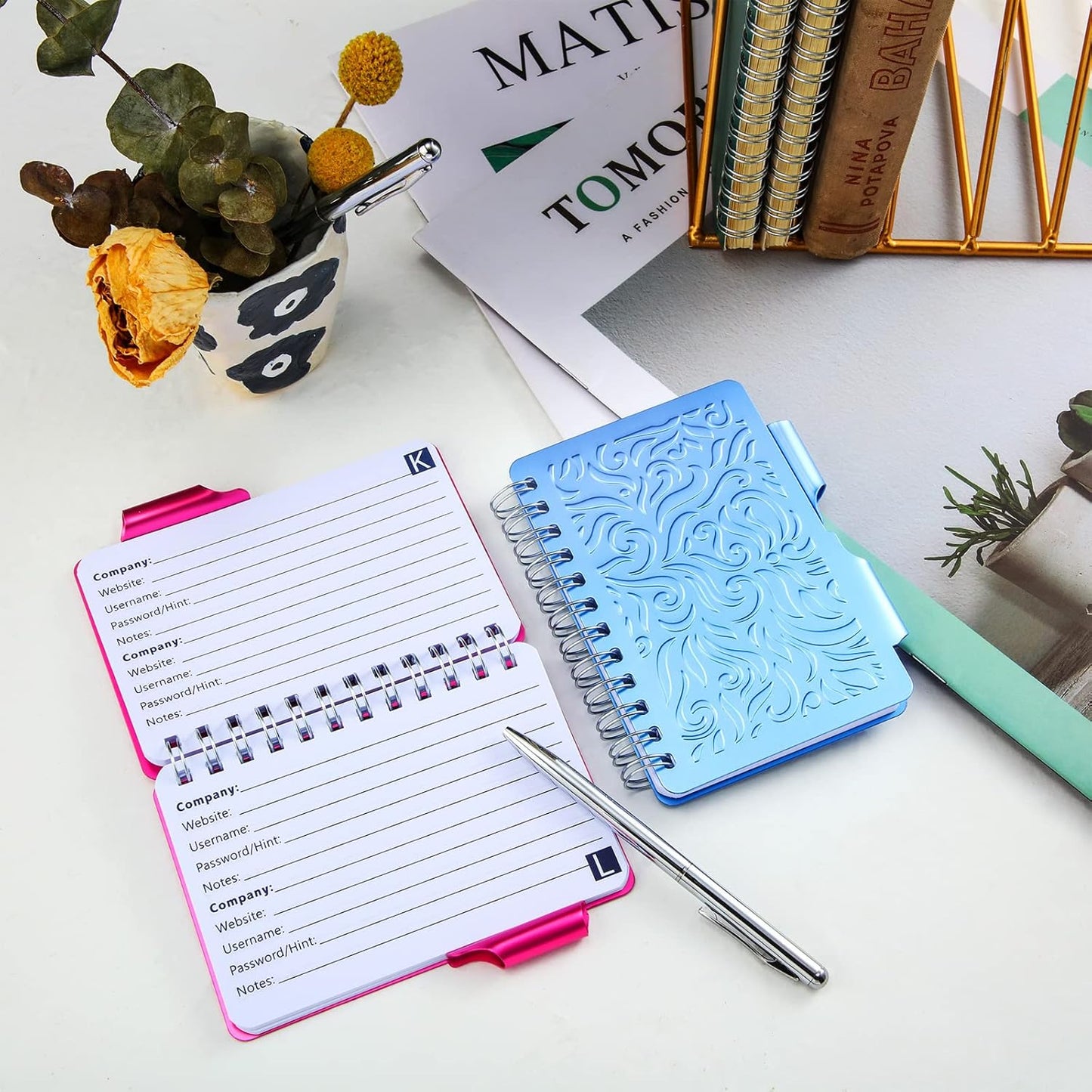 Zonon 2 Pcs Mini Password Book with Alphabetical Tabs Metal Password Keeper Book Portable Organizer Elegant Mandala Pattern Notebook with Pen, Spiral Bound for Information(Blue, Rose Red)