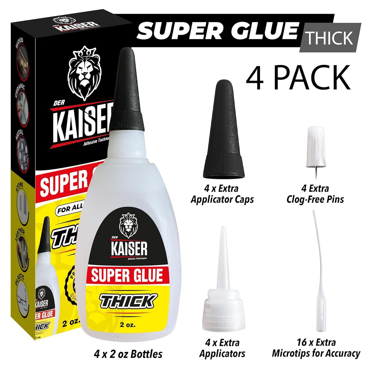 Thick Cyanoacrylate (CA) Super Glue – 4 Pack (4 x 2 oz Bottles) – Gap-Filling Adhesive for Wood, Marble, Stone, and Heavy-Duty Applications