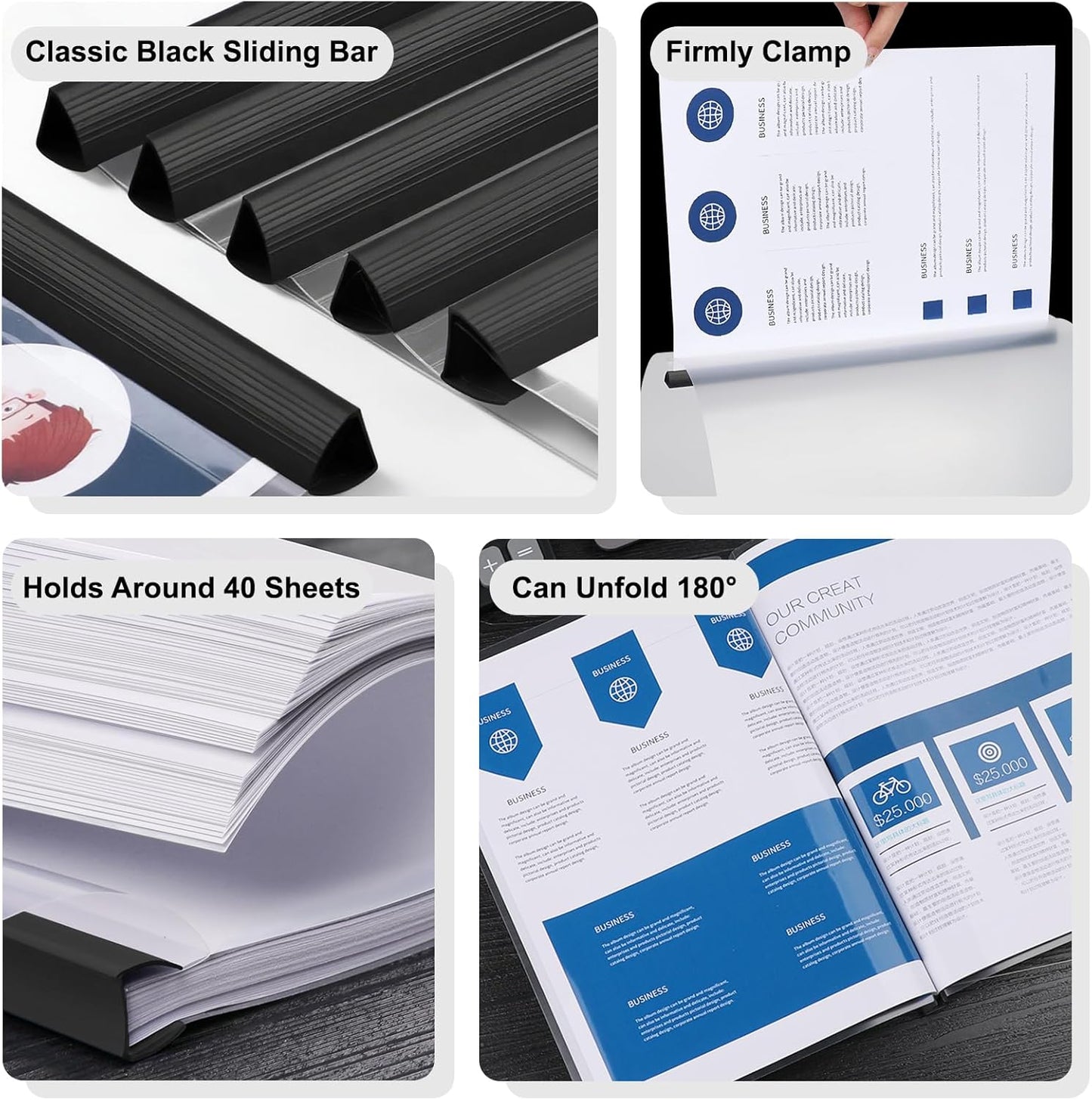 JOERSH 40Pcs Clear Report Covers with Sliding Bar, 40 Sheet Capacity Plastic Binder Paper Protector, Report Folders with Clear Cover for Resume File Documents, Black