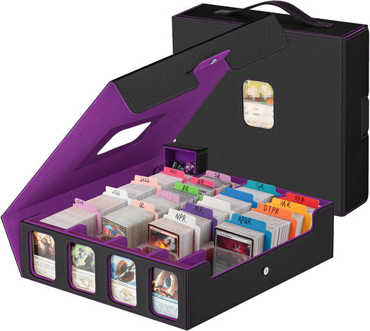 Trading Card Storage Box - 3200+ MTG Deck Box with Commander Display & Portable Handle, 4-Row Card Case Compatible for MTG/TCG/Magic Cards, 30 Colorful Divider, 8 Card Supporters (Black & Purple)