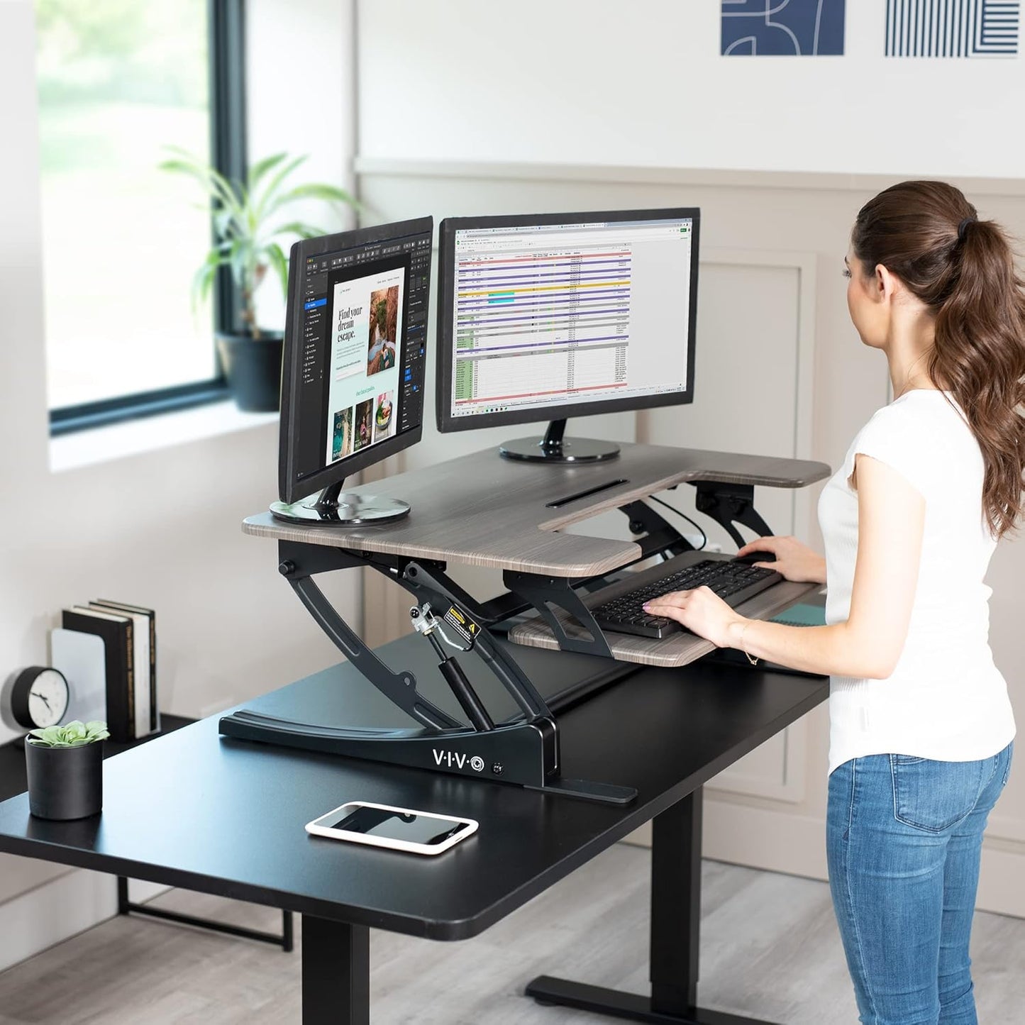 VIVO 36 inch Height Adjustable Stand Up Desk Converter, V Series, Quick Sit to Stand Tabletop Dual Monitor Riser Workstation, Gray Top, Black Frame, DESK-V000VG