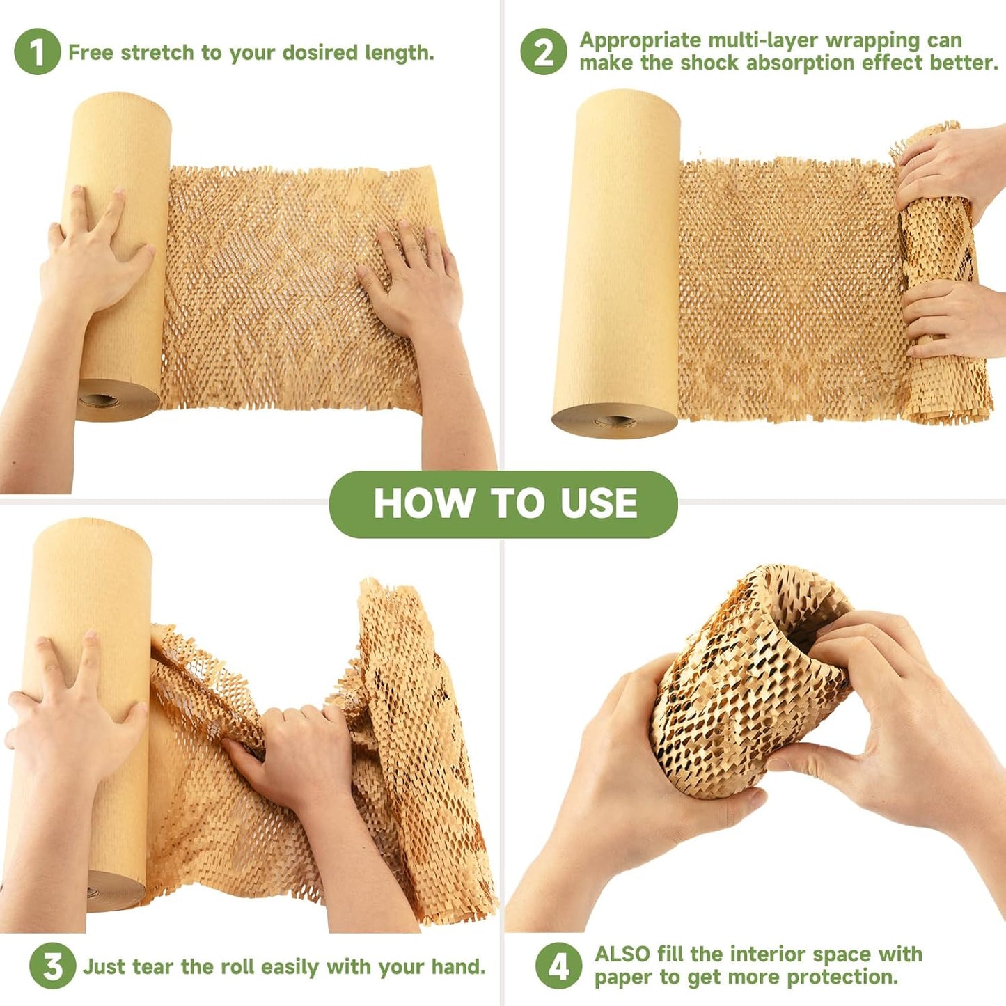 Honeycomb Packing Paper Wrap 15''x820', Substitute Alternative for Bubble Cushioning Wrap for Moving Shipping Packaging, Recyclable Moving Supplies with 48 Fragile Sticker Labels