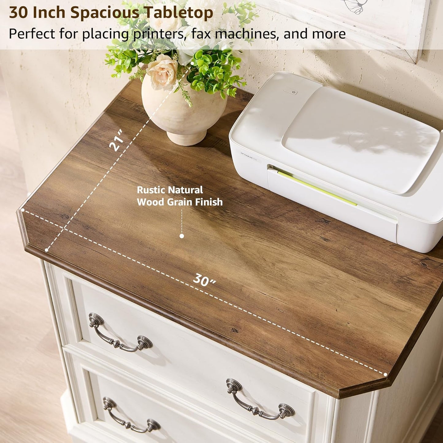 T4TREAM 2 Drawer File Cabinet Set of 2, 30" Wide Wooden Extended Desktop, Farmhouse Filing Cabinet with Smooth Rails, Holds Letter/Legal/A4, Hexagonal Design & Framed Drawer Fronts, Antique White