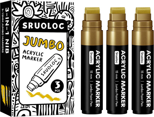 3 Jumbo Permanent Markers Gold, 15mm Thick Wide Tip, Large Acrylic Paint Markers for Rock Painting, Poster, Stone, Ceramic, Glass, Wood, Canvas