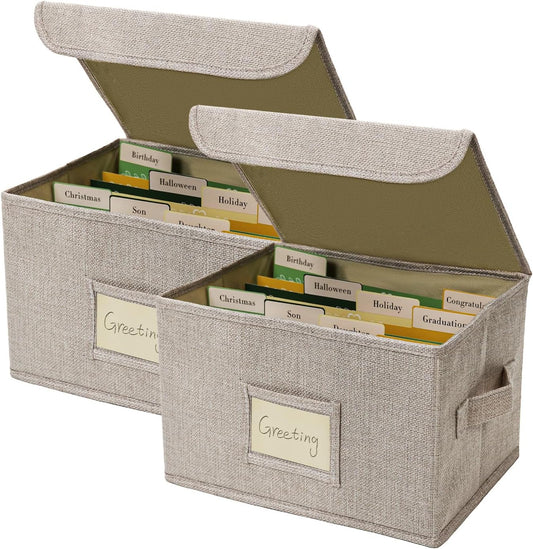 Vienrose Greeting Card Organizer Storage Box with 20 Removable Dividers, 84 Self-stick Labels, Perfect for Photos, Envelopes, Scrapbooking, Paper, Stickers Holder 2 Pack Beige