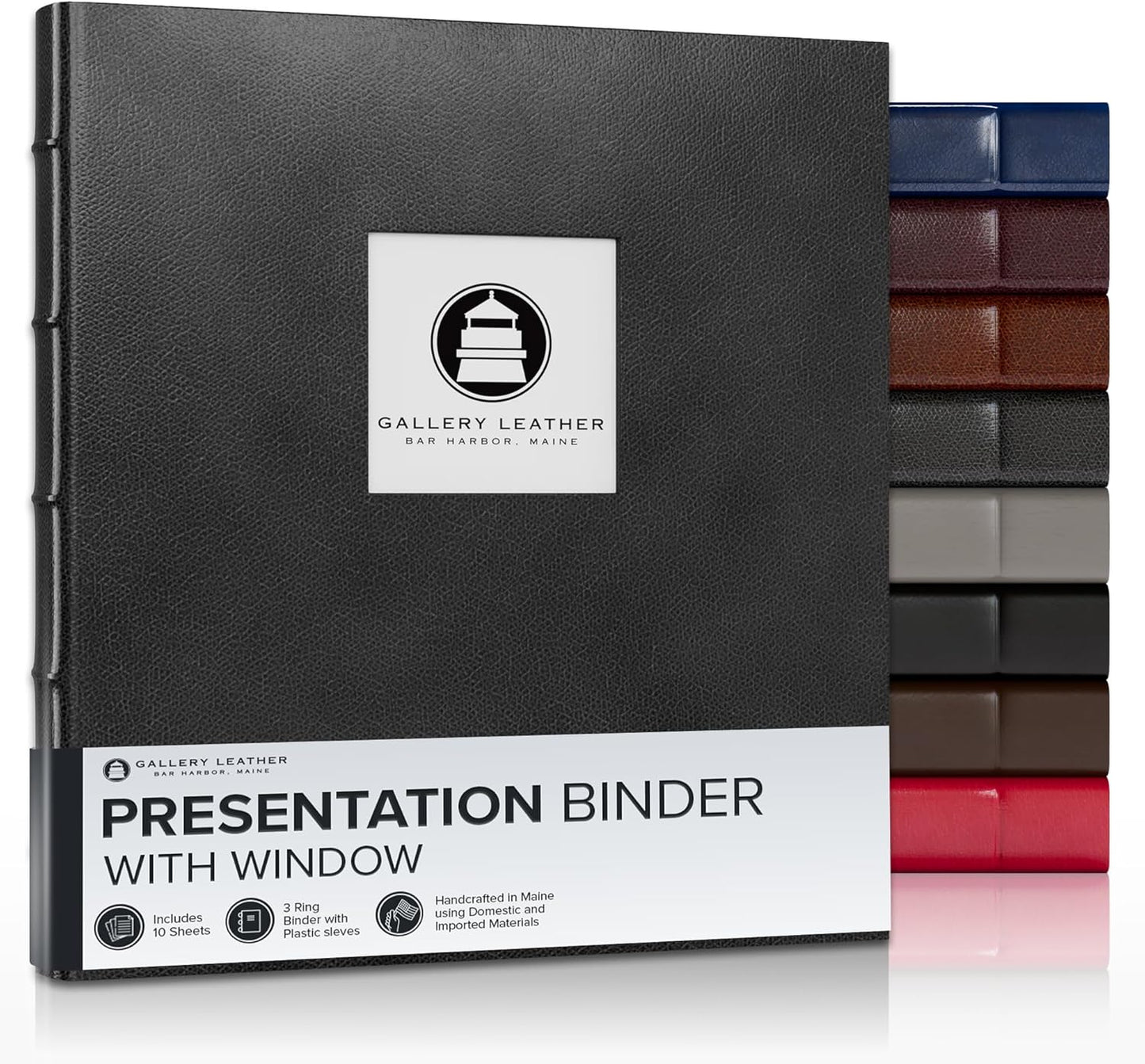 Gallery Leather 3 Ring Binder with Plastic Sleeves, Includes 10 Sheets, Sheet Size: 8.5" x 11" - Presentation Binder Rings with Window and Hubbed Spine, Thick: 1.25" Belfast Black