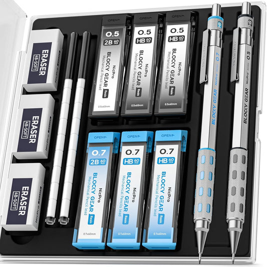 Nicpro Blocky Gear 0.5 mm & 0.7 mm Mechanical Pencils Set in Case, Metal Pencil with 6 Tube Lead Refills, Eraser, Eraser Refills for Professional & Adult Art Writing Drafting Drawing Sketching