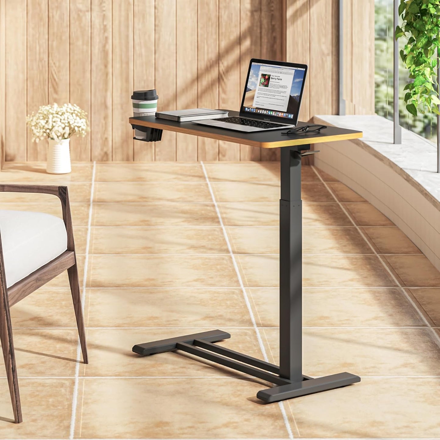 SANODESK Mobile Standing Desk with Hidden Wheels,Pneumatic Laptop Desk Rolling Computer Cart Movable Height Adjustable Small Sit Stand Desk for Home Office(27.6" W x 15.7" D, Black+Maple Band)