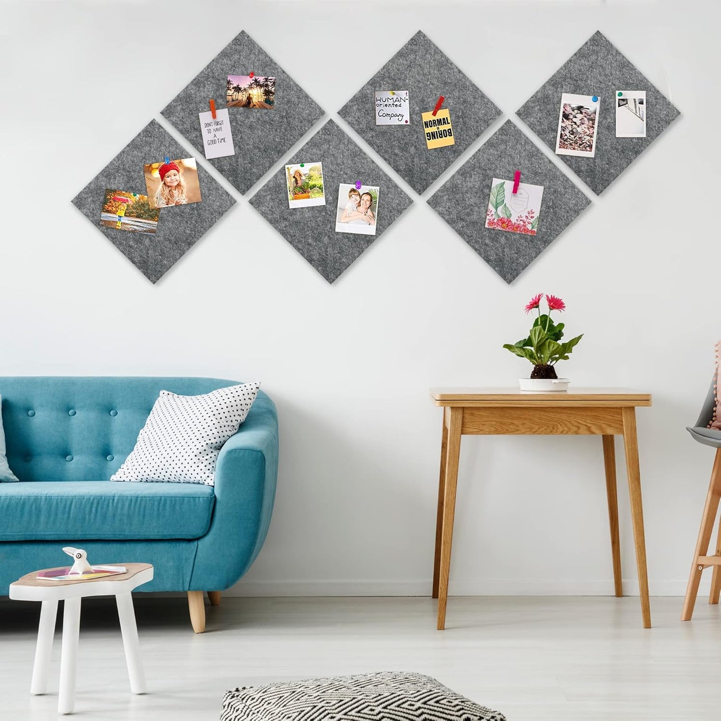 AKTOP Cork Bulletin Board 12x12, 1/2" Thick Felt Cork Board Tiles 9 Pack, Small Square Pin Board for Wall, Self Adhesive Corkboards with 120 Push Pin Wood Clips for School, Home & Office, Grey