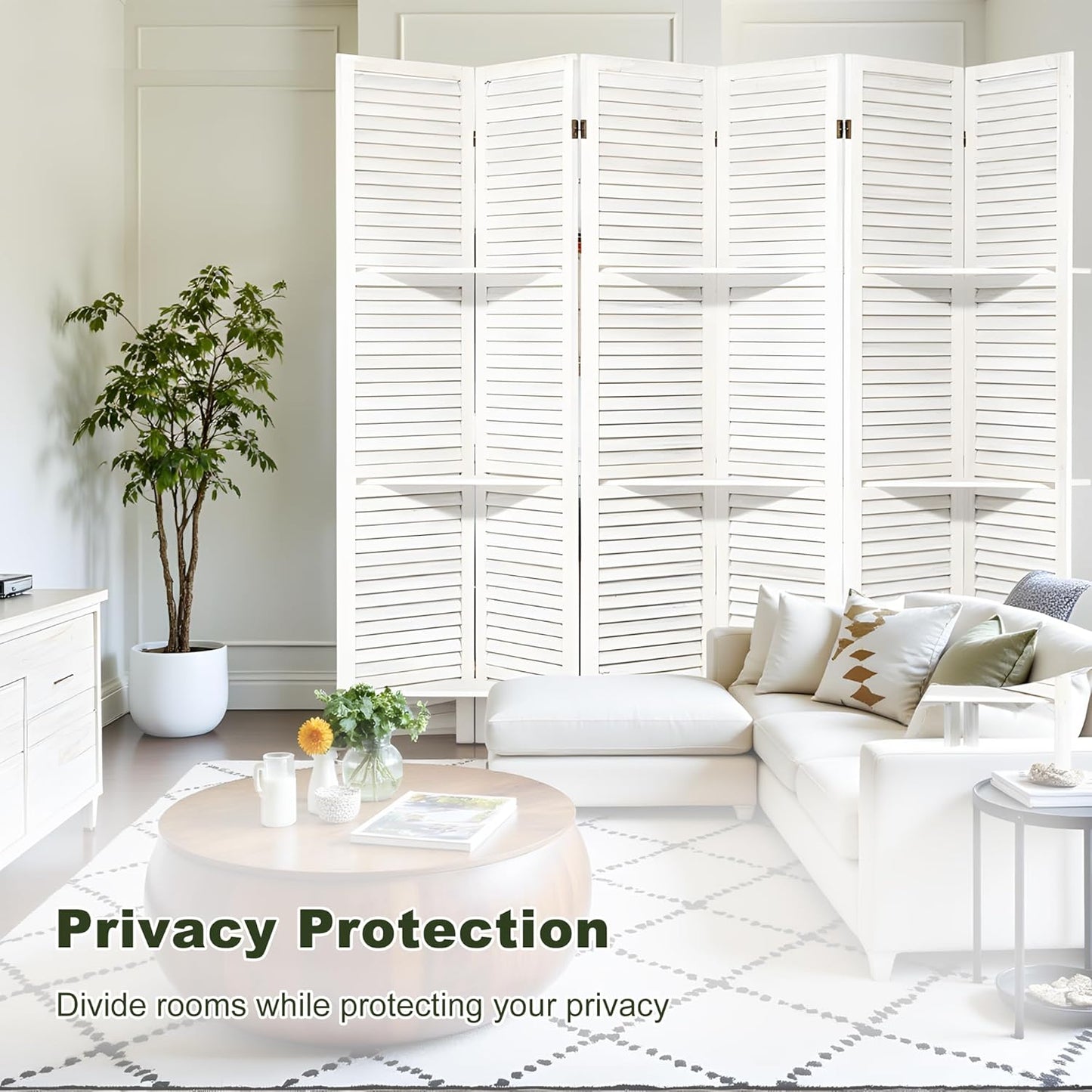 NicBex 6 Panel Room Divider,5.6FT Wood Carved Room Dividers with Display Shelves Folding Privacy Screens Portable Freestanding Partition Wall Dividers for Room Separation,Home Bedroom Office,White