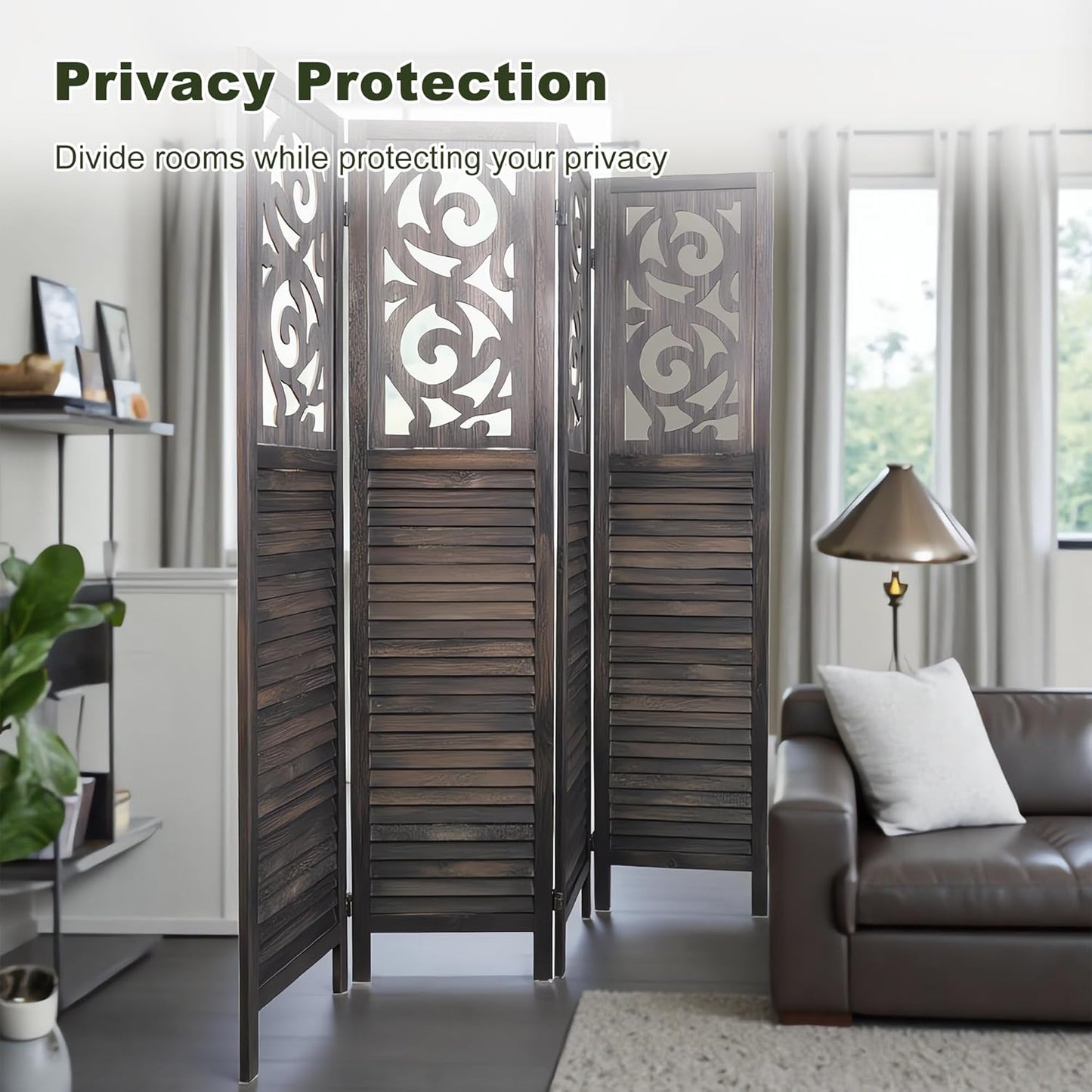 NicBex 4 Panel Room Divider,5.6FT Wood Carved Room Dividers,Folding Privacy Screens Portable Freestanding Partition Wall Dividers for Room Separation,Home Bedroom Office,Rustic Brown