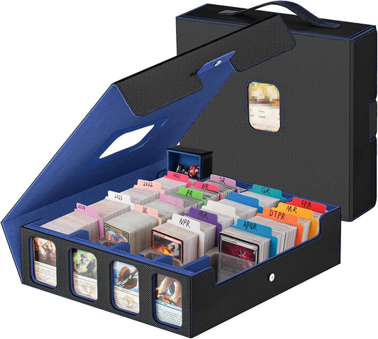 3200+ Trading Card Storage Box with Commander Display, 4-Row TCG Card Box with Portable Handle, Compatible for TCG/MTG/Magic Cards, 30 Colorful Divider, 8 Supporters, US Design Patent (Black&Blue)