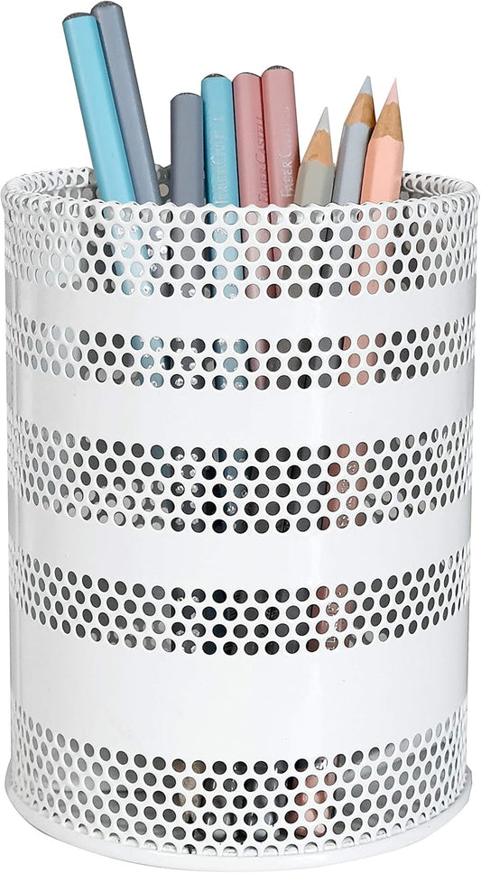 Metal Mesh Pen Pencil Cup Holder Stand Office Desk Organizer Stationery Caddy Makeup Brush Holder, White (Large)
