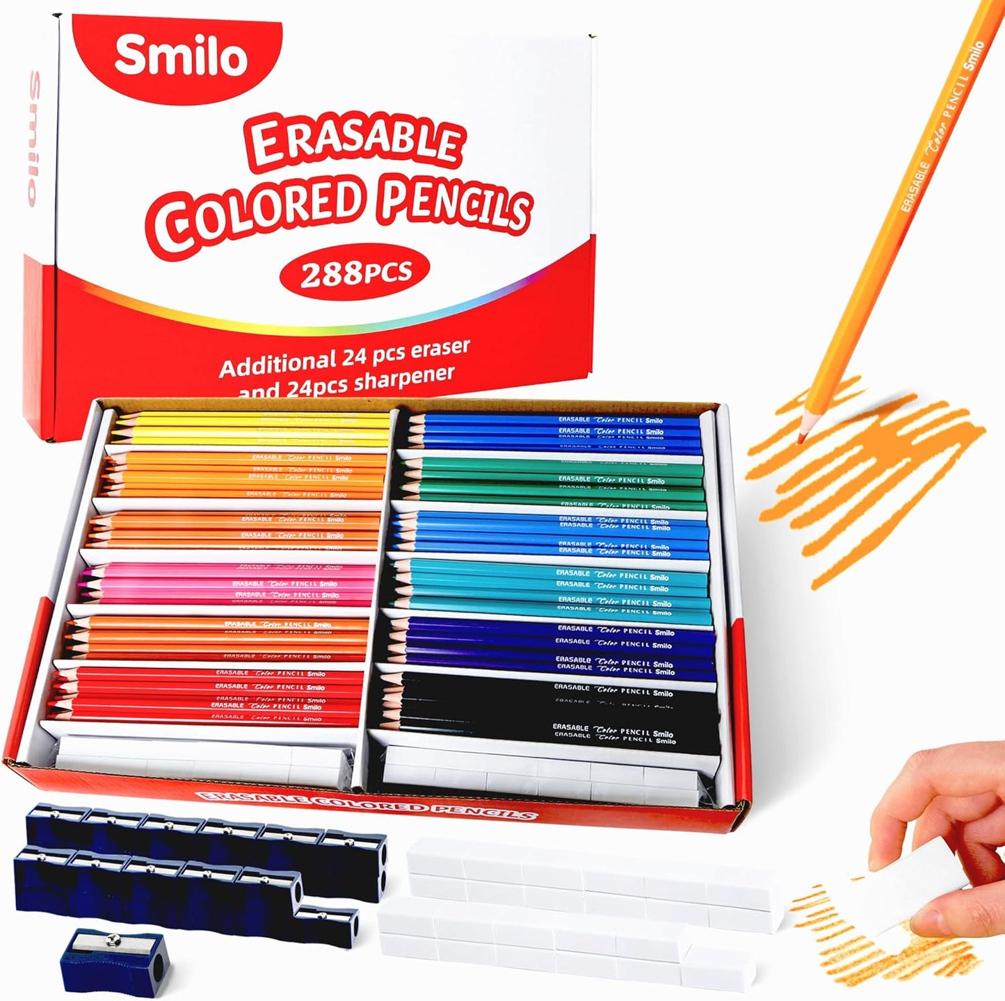Smilo 336-Pack Erasable Colored Pencils Set - 288 Pre-Sharpened Pencils Bulk (12 Colors) + 24 Sharpeners & 24 Erasers - Back to School Supplies for Classroom, Teachers, Students