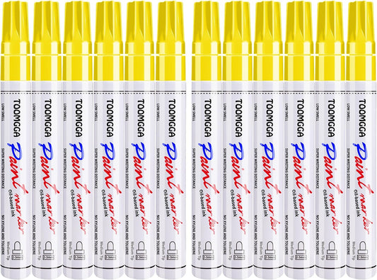 Yellow Permanent Paint Pens Paint Markers - 12 Pack Oil Based Markers, Quick Drying and Waterproof Marker Pen, Car Tire, Metal, Rock Painting, Wood, Ceramic, Plastic, Canvas, Mugs, Medium Tip
