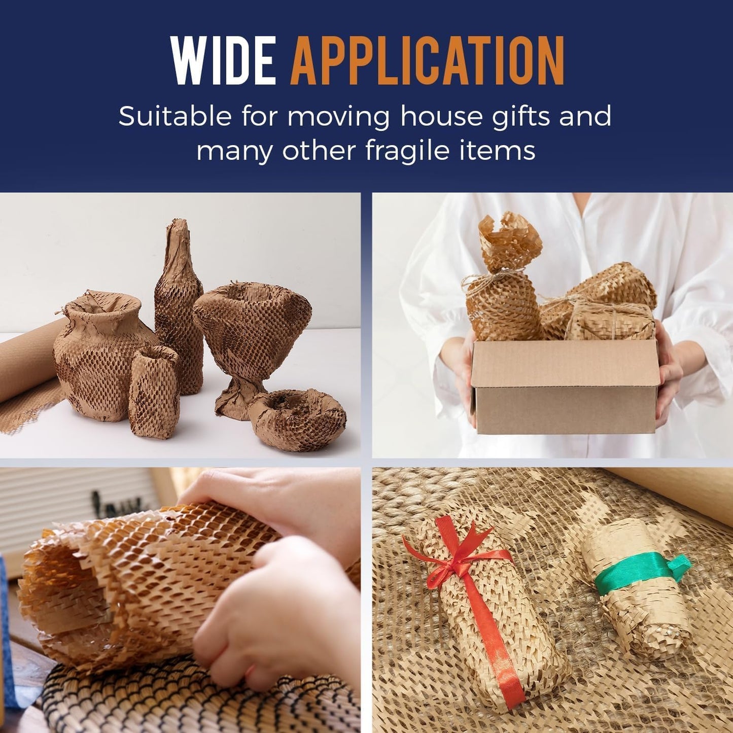 Honeycomb Packing Paper 15" x 500ft with Rope & 20 Fragile Stickers|Shipping & Moving Supplies|Small Business Packaging Supplies|Eco Friendly Bubble Wrap Packing Boxes for Moving Certified FSC C204227