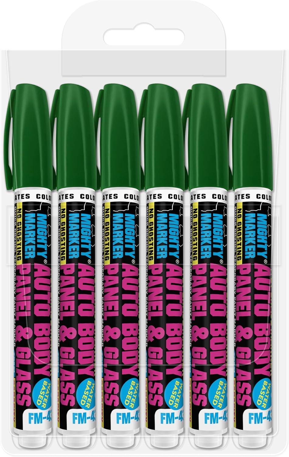 FM-43 Auto Body and Glass Paint Marker, No-Ghost, Highly Water-Resistant, 2.3mm Bullet Tip, Valve Action, 6 Bonus Reversible Tips, Made in USA - Green 6 Pack