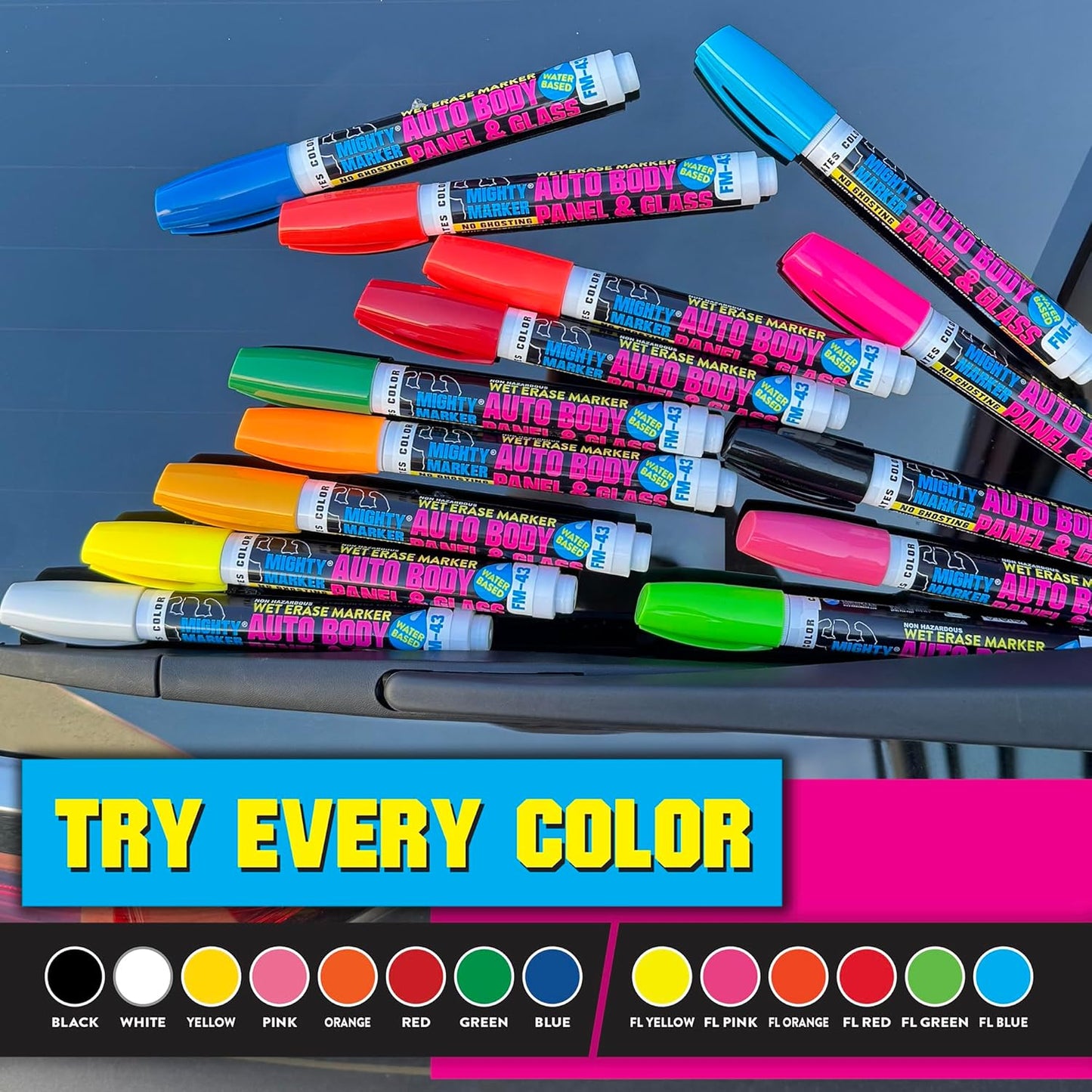 FM-43 Auto Body and Glass Paint Marker, No-Ghost, Highly Water-Resistant, 2.3mm Bullet Tip, Valve Action, 6 Bonus Reversible Tips, Made in USA - White 6 Pack