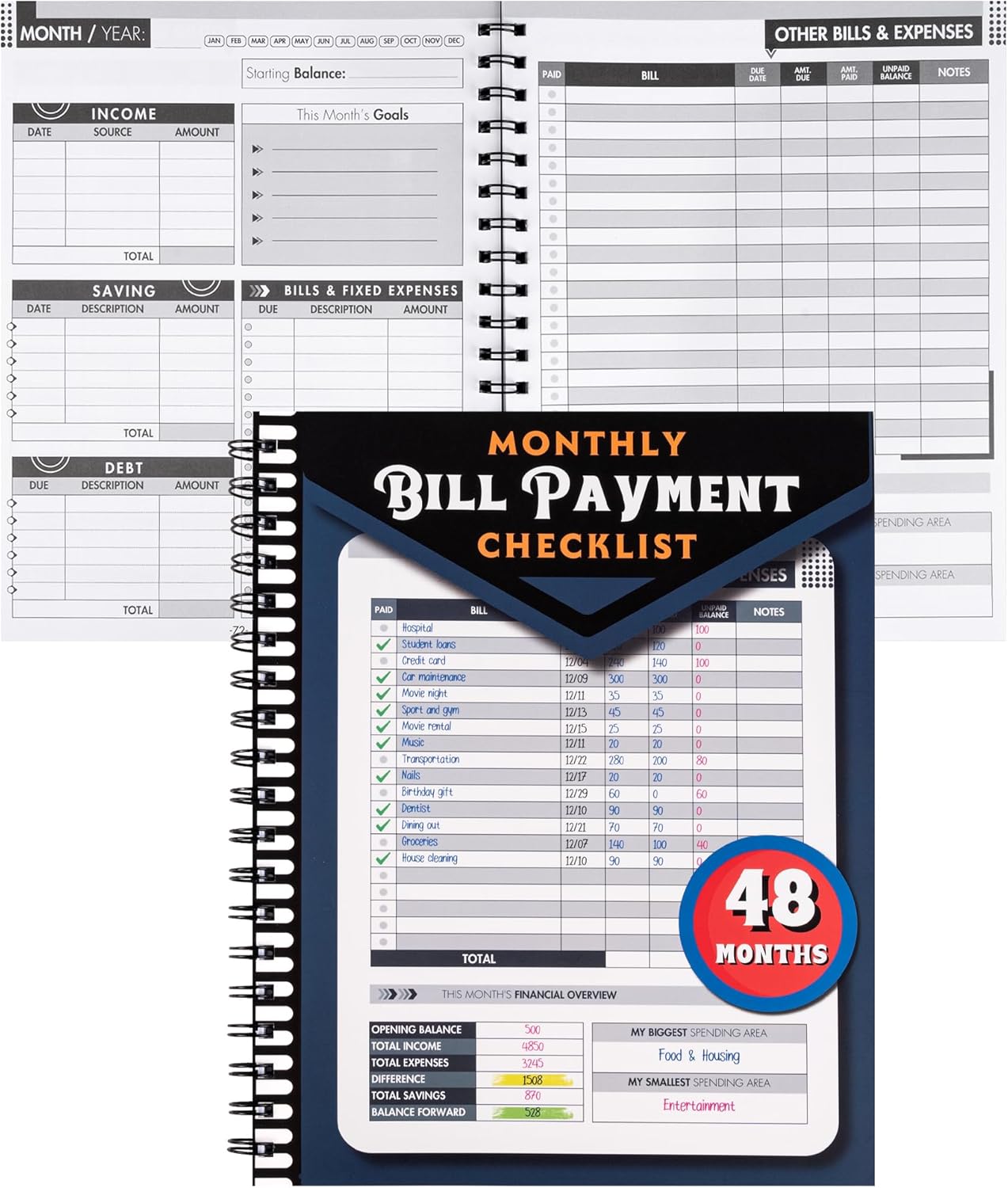 Monthly Bill Payment Checklist: Bill Tracker Notebook With Spiral Binding 8"x10" The 4-Year Guide for Families & Money Managers, 960 Billing Records Included (Blue)