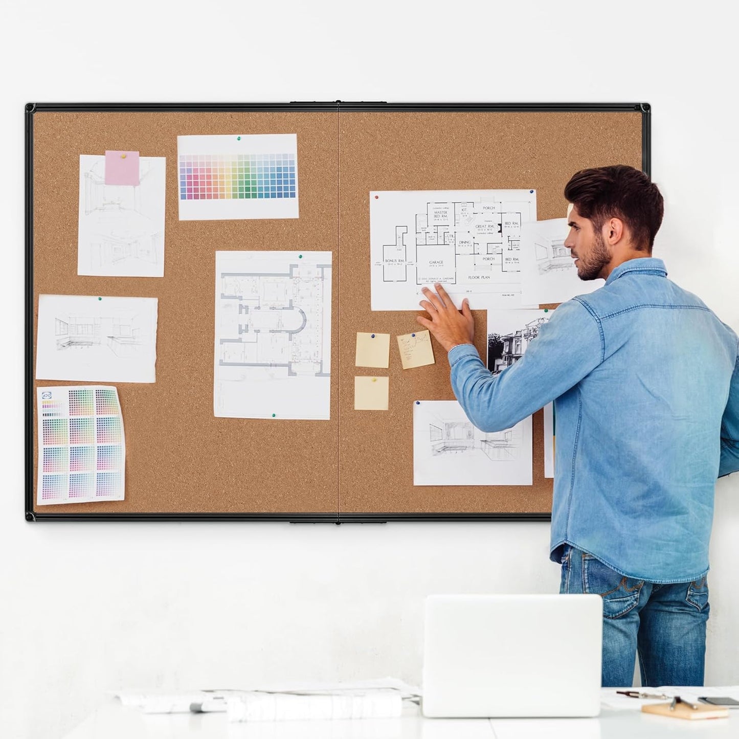 Board2by Extra Large Cork Bulletin Board 60" X 36", Foldable Notice Pin Board for Wall, Black Aluminum Framed 5'x3' Corkboard, Wall Mounted Noticeboard with 36 Push Pins for School, Home & Office