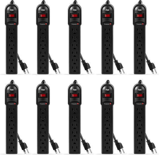 KMC 6-Outlet Surge Protector Power Strip 10-Pack, 735 Joules, Overload Protection, 2-Foot Cord