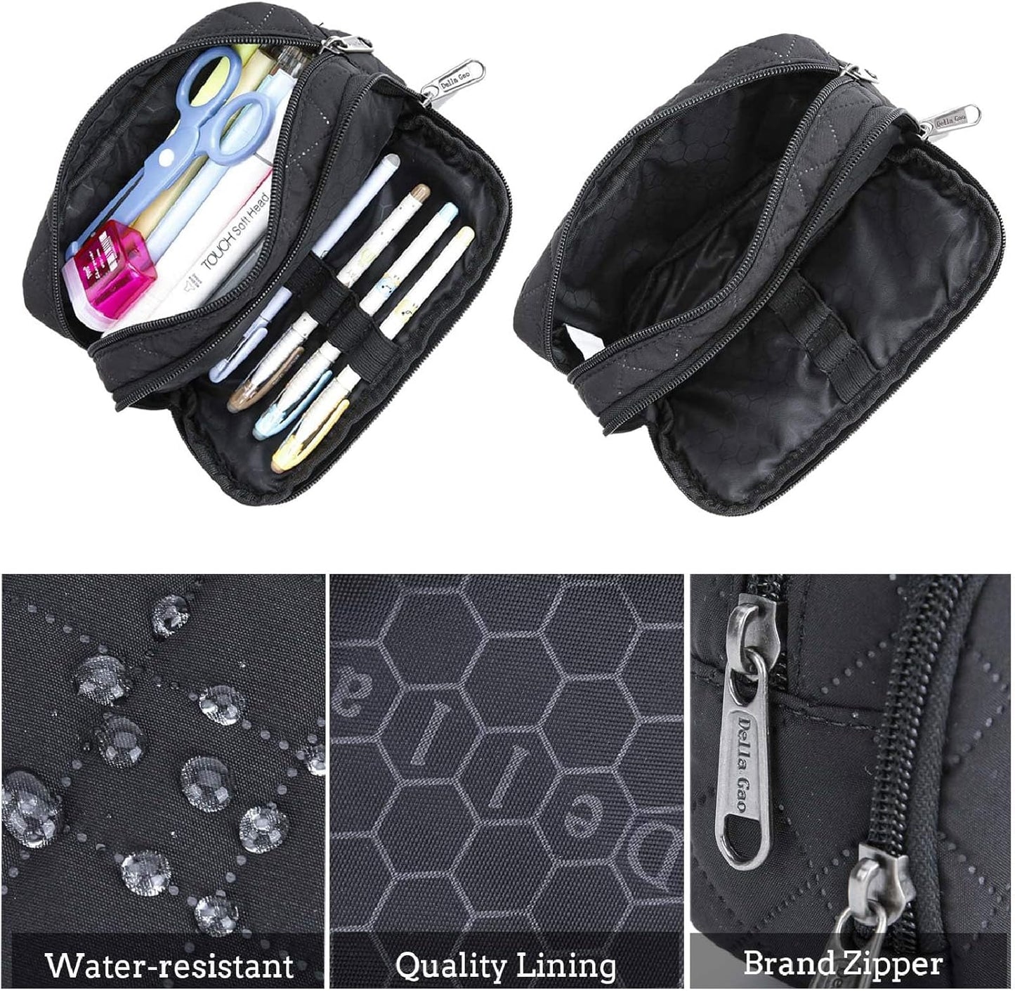 Della Gao Small Pencil Case Large Capacity Pencil Pouch Marker Pen Bag Coin Pouch Office Stationery Organizer (Black-02RH)