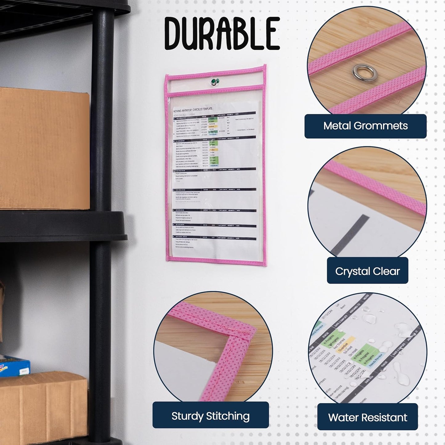 Essex Wares - 5 Pack, Pink, Job Ticket Holders, 10" Wide x 13.5" Tall - Clear Plastic Shop Ticket Holders - Easy to Use, Reusable & Easy Erase Plastic Invoice Holders, Water-Resistant & Durable