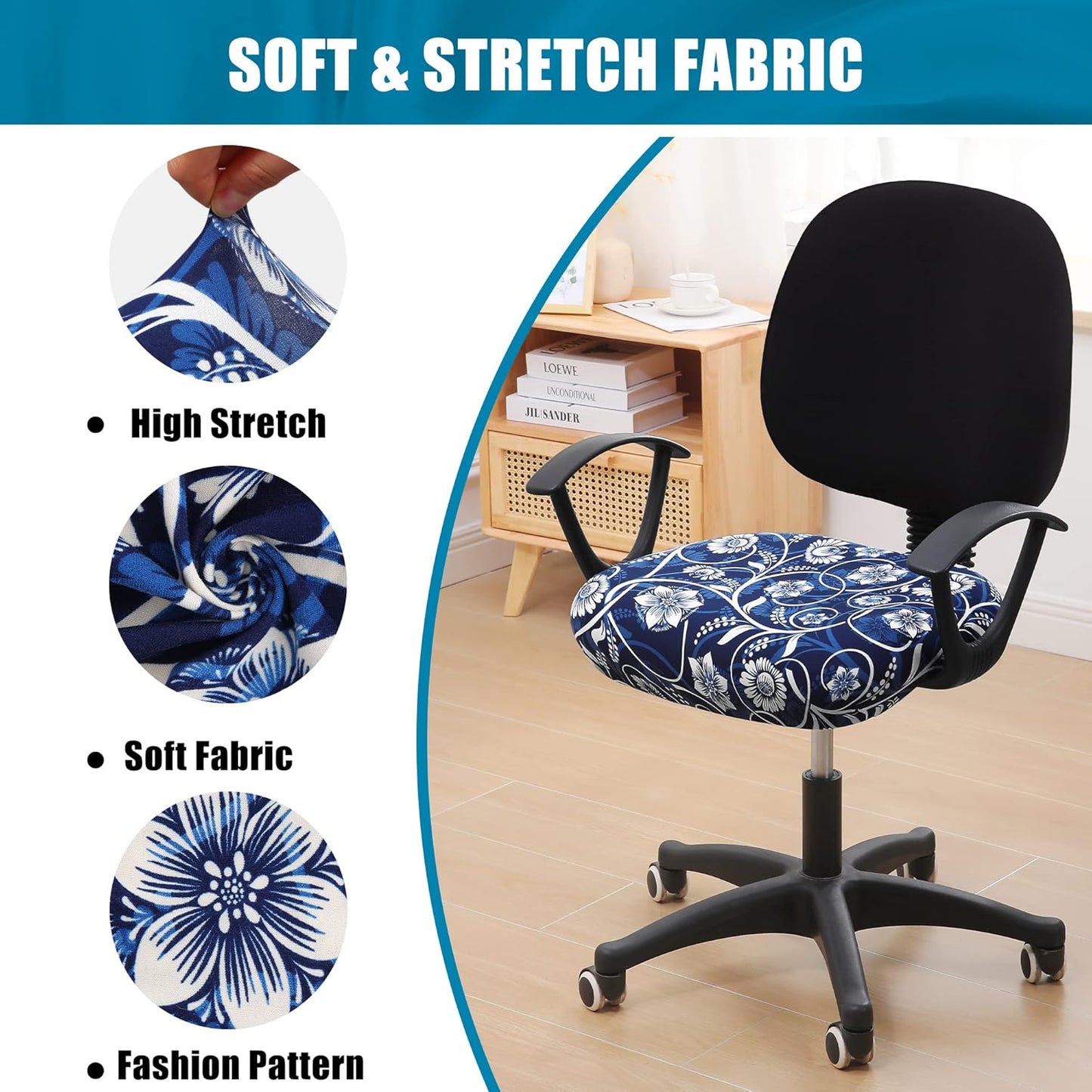 Smiry Printed Office Computer Chair Seat Covers, Stretch Fit Universal Desk Rotating Chair Cover Washable Removable Seat Cushion Protectors - Navy Blue