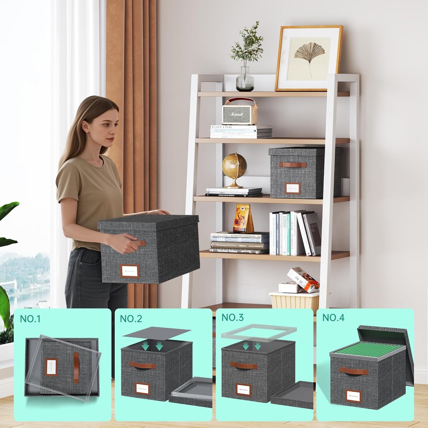 File Box for Hanging, File Organizer Box with Lid Decorative File Folders Letter Size Organizer with One-Piece Integrated Plastic Slide Rail (Grey, 13.2x10.1x10.1inch(2pack))