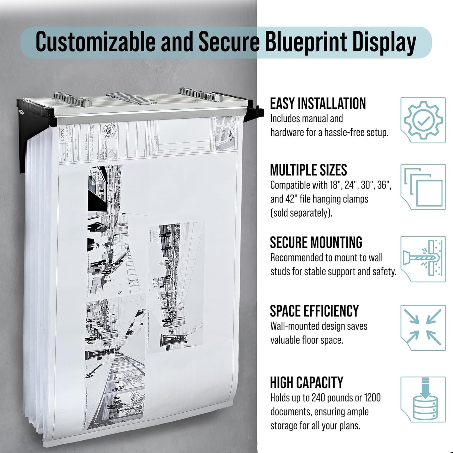 Adir Blueprint Wall Rack - Blueprint Plans Organizer and Construction Plan Holder - Poster Display and Map Rack for Office and Home (Without Blueprint Clamps)