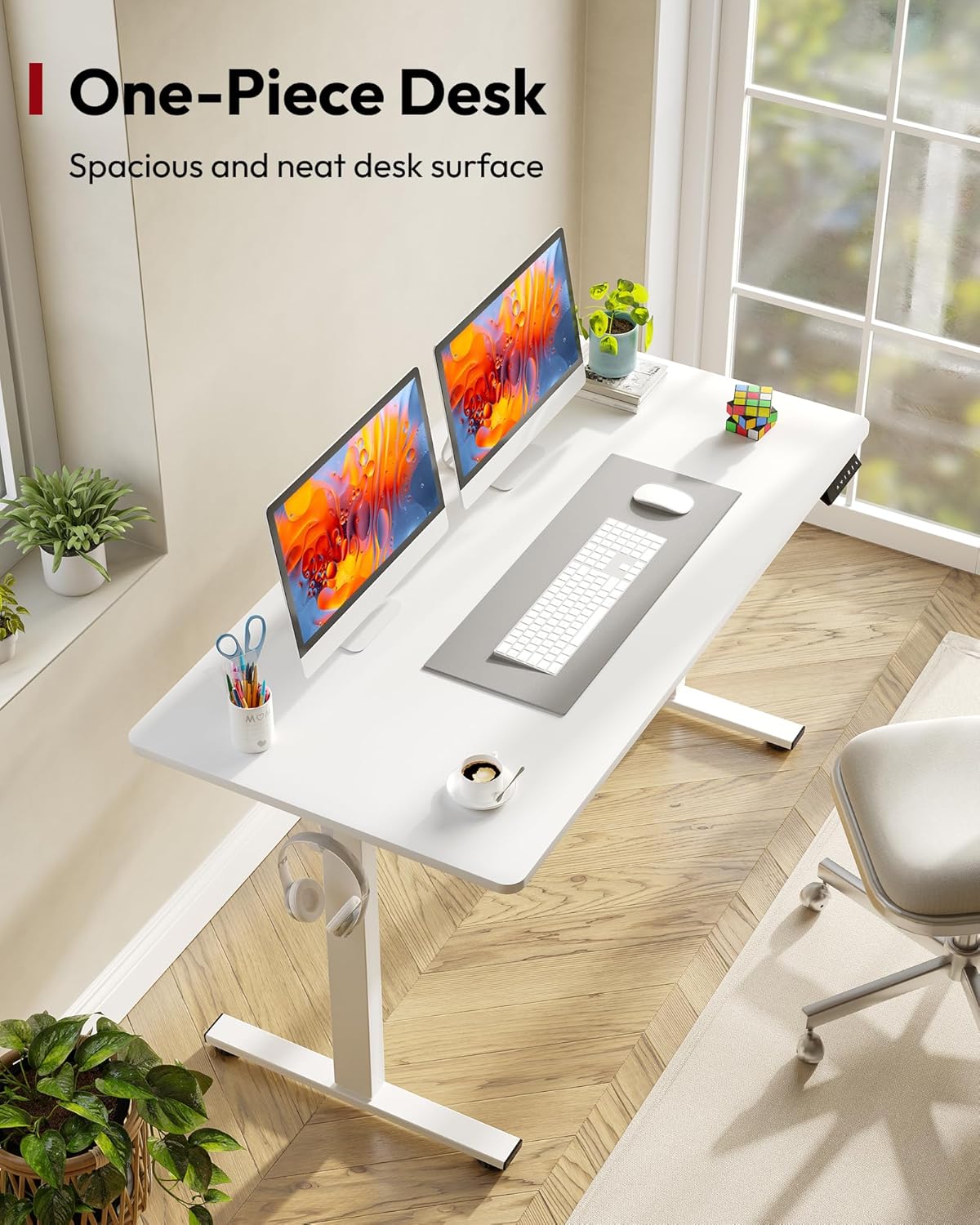 SANODESK Electric Standing Desk 55 x 28 Inches Whole-Piece Desktop Height Adjustable Stand Up Desk w/6-Button Controller Ergonomic Computer Desk for Home Office, White Frame + White Tabletop