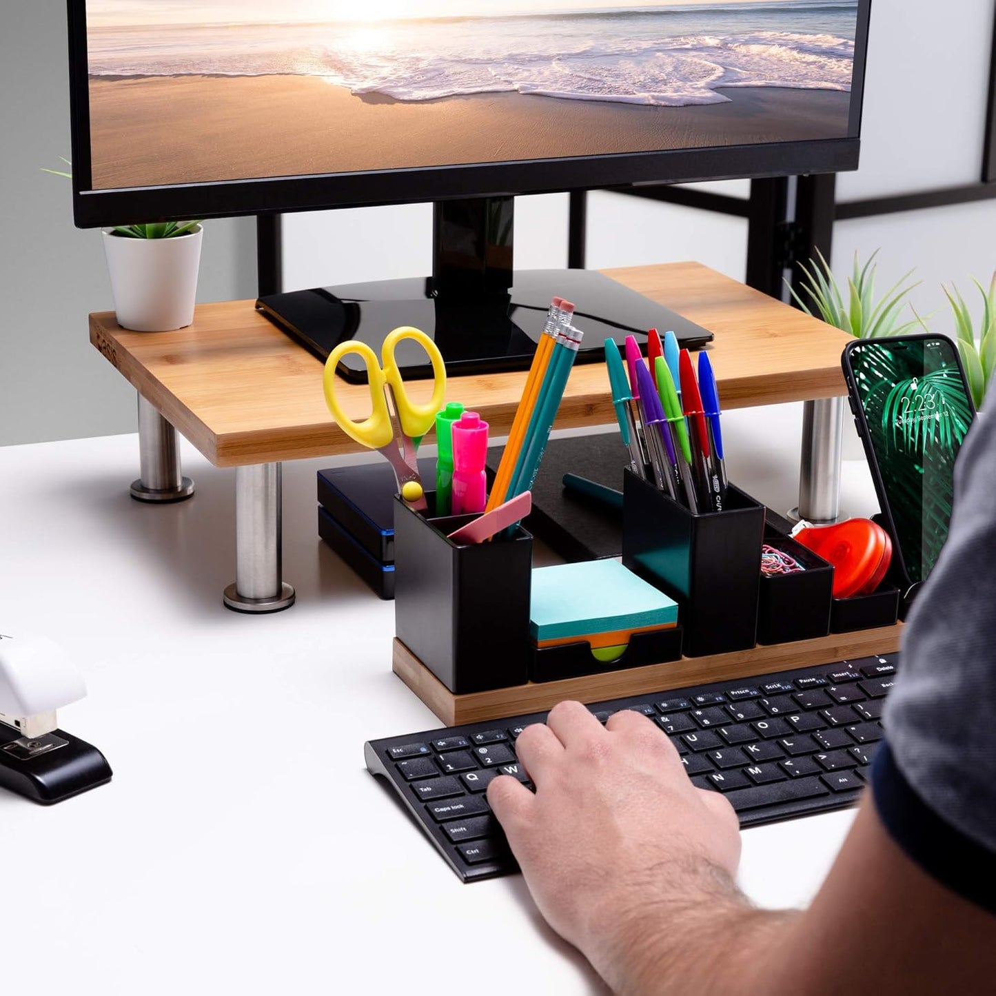 The Original Bamboo Monitor Stand (As Seen On PBS) - Monitor Riser for Computer Screen or Laptop - Desk Shelf Adds Storage Space & Improves Ergonomics - Natural