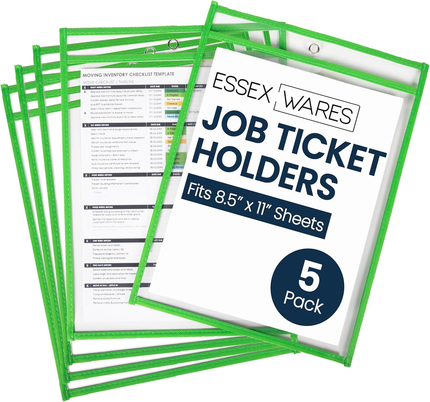 Essex Wares - 5 Pack, Green, Job Ticket Holders, 10" Wide x 13.5" Tall - Clear Plastic Shop Ticket Holders - Easy to Use, Reusable & Easy Erase Plastic Invoice Holders, Water-Resistant & Durable