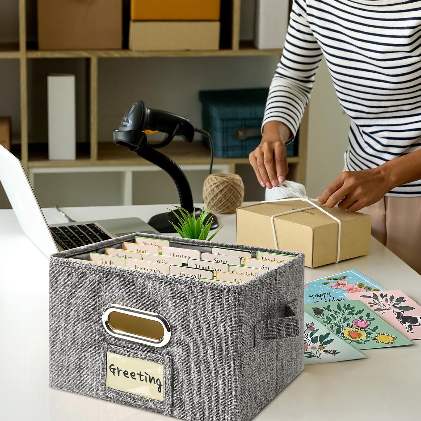 Vienrose Greeting Card Organizer 1 Pack, Storage Box with 20 Adjustable Dividers, Foldable Organizer Box Holds over 150 Cards, Storage Stickers Recipes Photos Envelopes Bills Vinyl Records, Grey