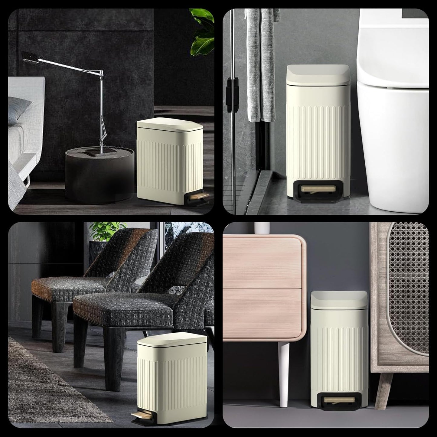 Small Bathroom Trash Can with Lid Soft Close-6L/1.6 Gal Slim Step Garbage Can-Metal Pedal Wastebasket-Narrow Rectangle Garbage Container Bin for Corner Office, Bedroom, Toilet, Live Room-Beige