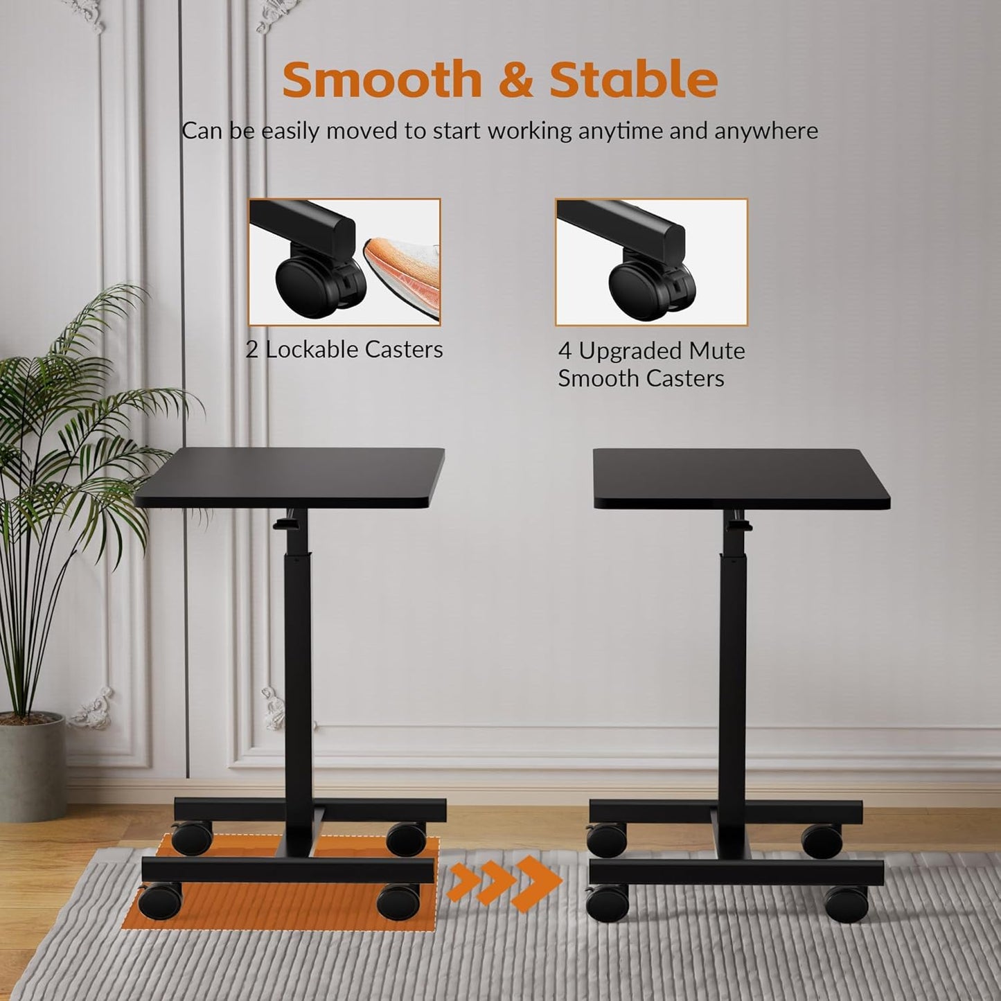 Mobile Small Standing Rolling Desk Adjustable Height, Portable Laptop Desk on Wheels, Workstation for Home Office with Hook, Black