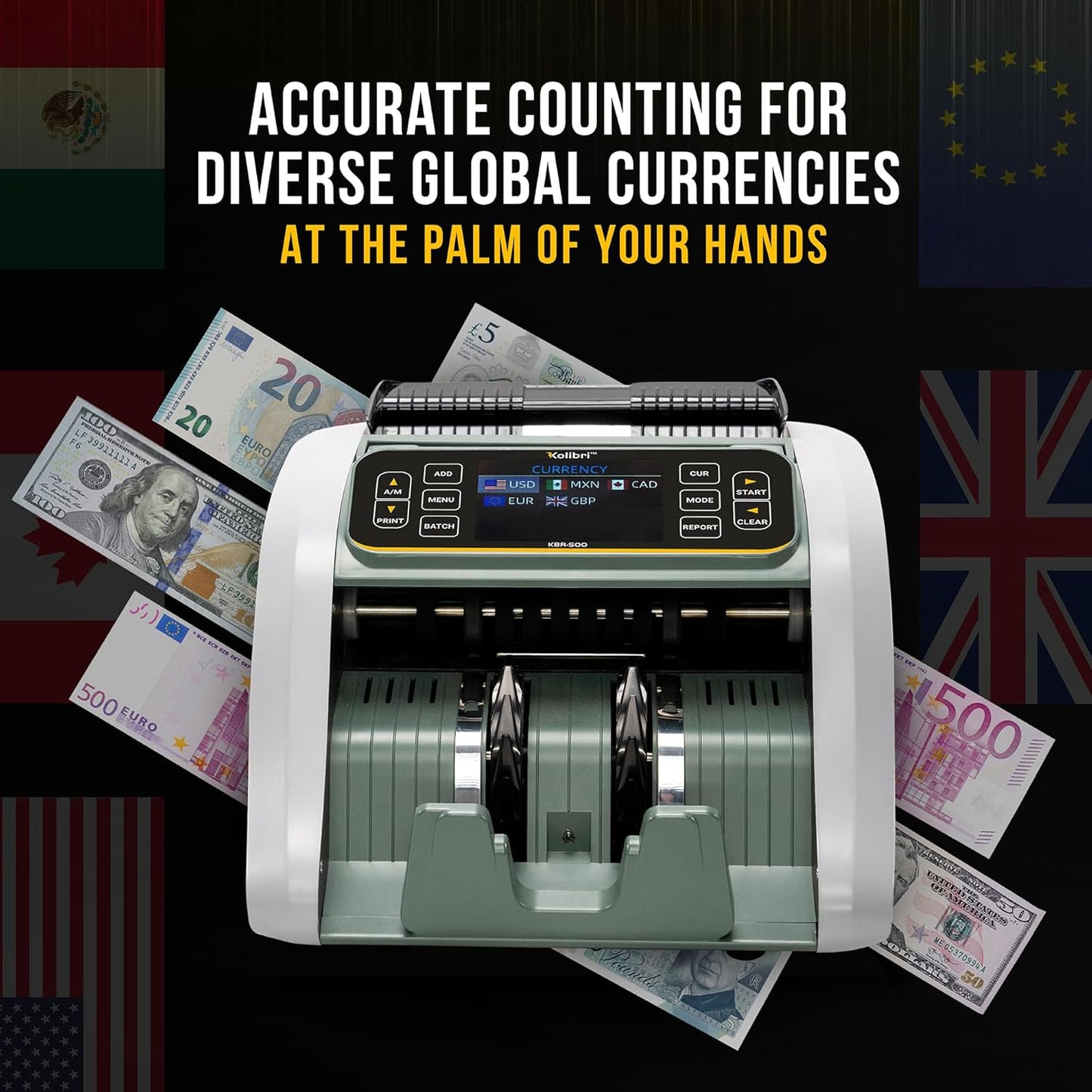 KOLIBRI KBR-500 Money Counter Machine Mixed Denomination | Business Grade Cash Counter Machine w/Advanced IR/UV/MG/MT/Counterfeit Detection, Multi-Currency (USD CAD MXN GBP EUR)
