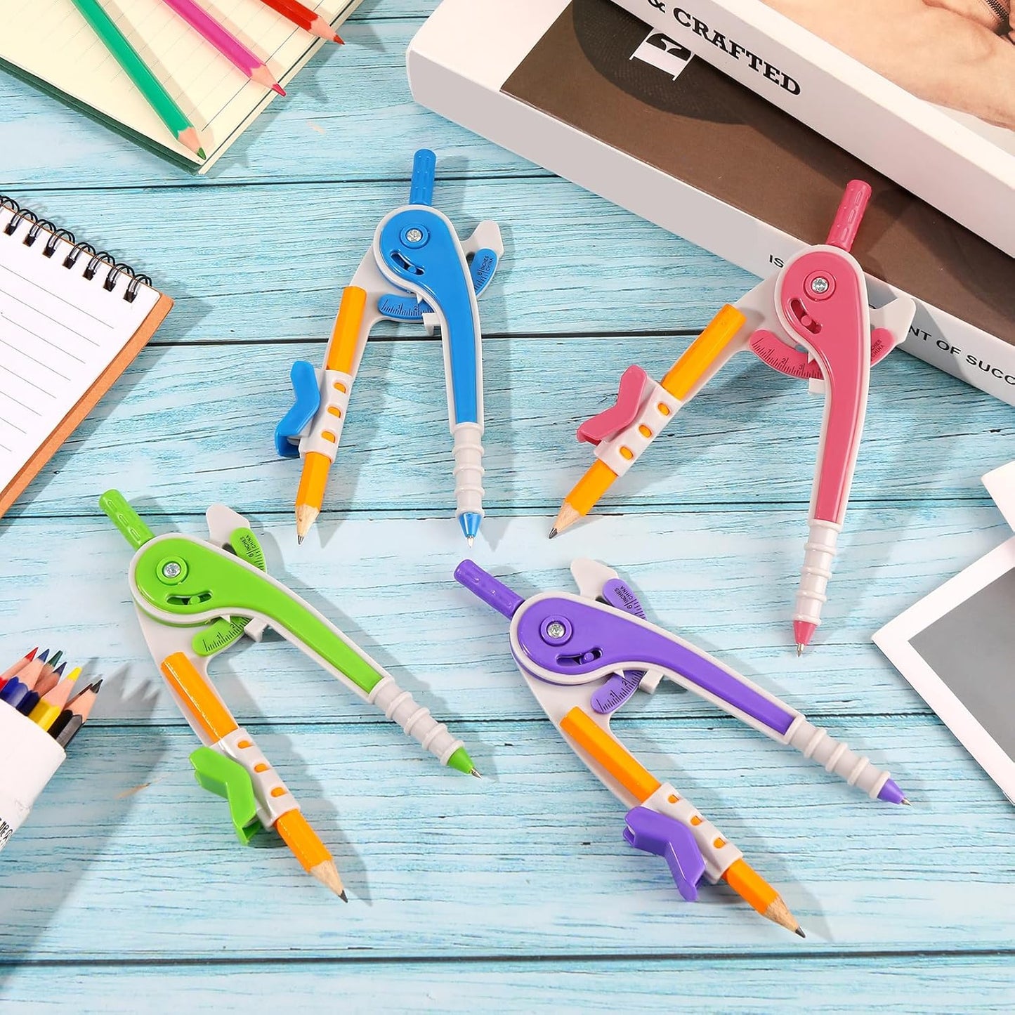 Zonon 60 Pcs Student Math Geometry Compass Tool Classroom Set Bulk 6 Inch Bright Colored Plastic Drawing Compass with Pencils Back to School Supplies for School Home Office