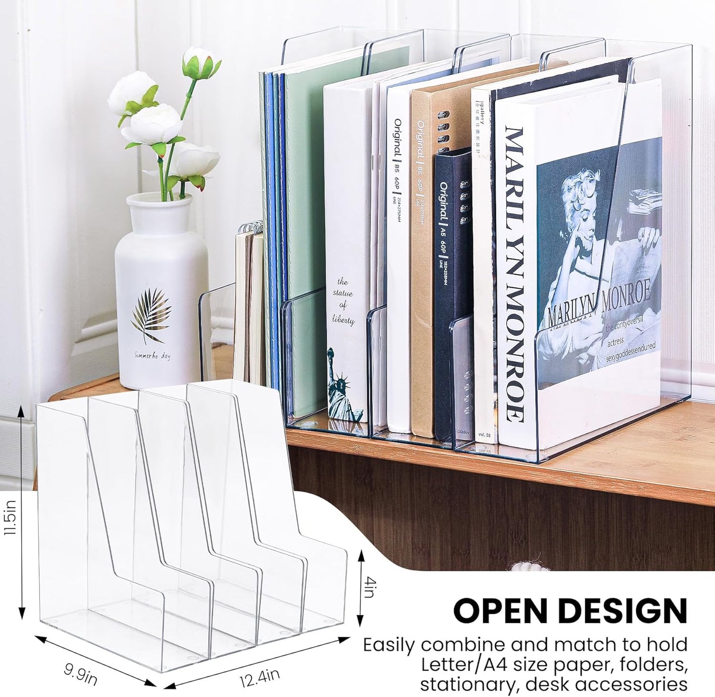 Vertical Magazine File Holder, Clear File Organizer Desk Organizer and Storage Bins Holding for Magazines, Binders, Notebooks, Envelopes, Plastic Office Organization and Storage for Desk, 4 pack