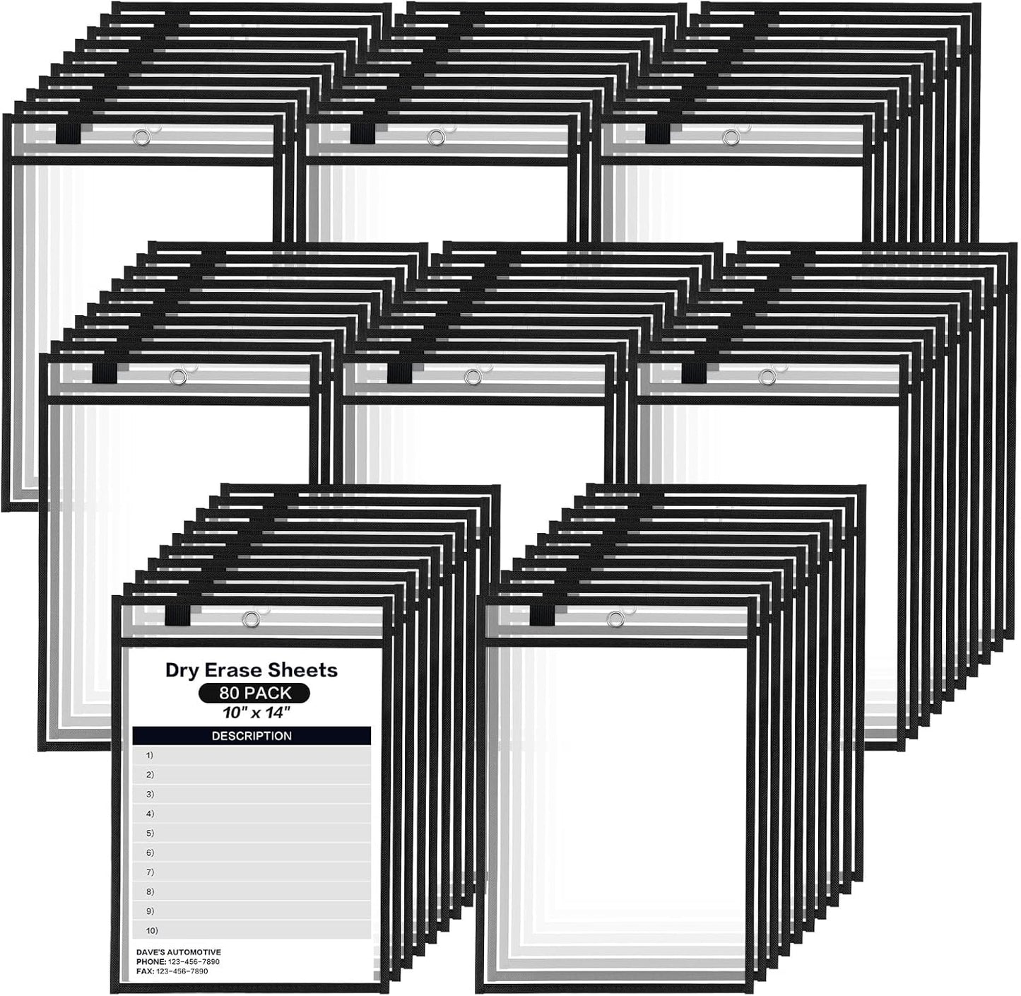80 Pack Dry Erase Pockets, Black 14 x 10 Inch Reusable Job Ticket Holders Work Order Plastic Sleeves Shop Ticket Folder Dry Erase Sheet Protectors for Teacher Classroom Office Organization