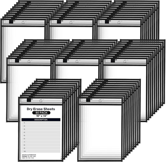 80 Pack Dry Erase Pockets, Black 14 x 10 Inch Reusable Job Ticket Holders Work Order Plastic Sleeves Shop Ticket Folder Dry Erase Sheet Protectors for Teacher Classroom Office Organization