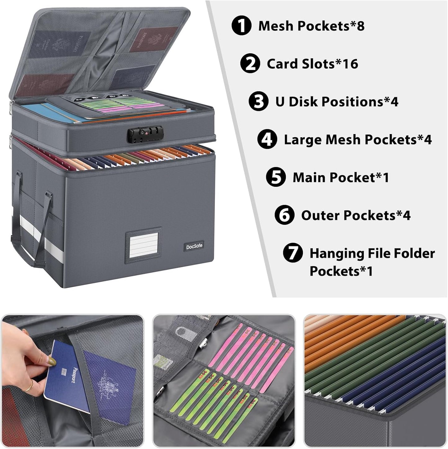 DocSafe File Box with Lock,Multi-Layer Fireproof Document Box Collapsible File Storage Organizer with Pockets/Handle,Large Portable Home Office Filing Box for Hanging Letter/Legal Size Folders,Gray
