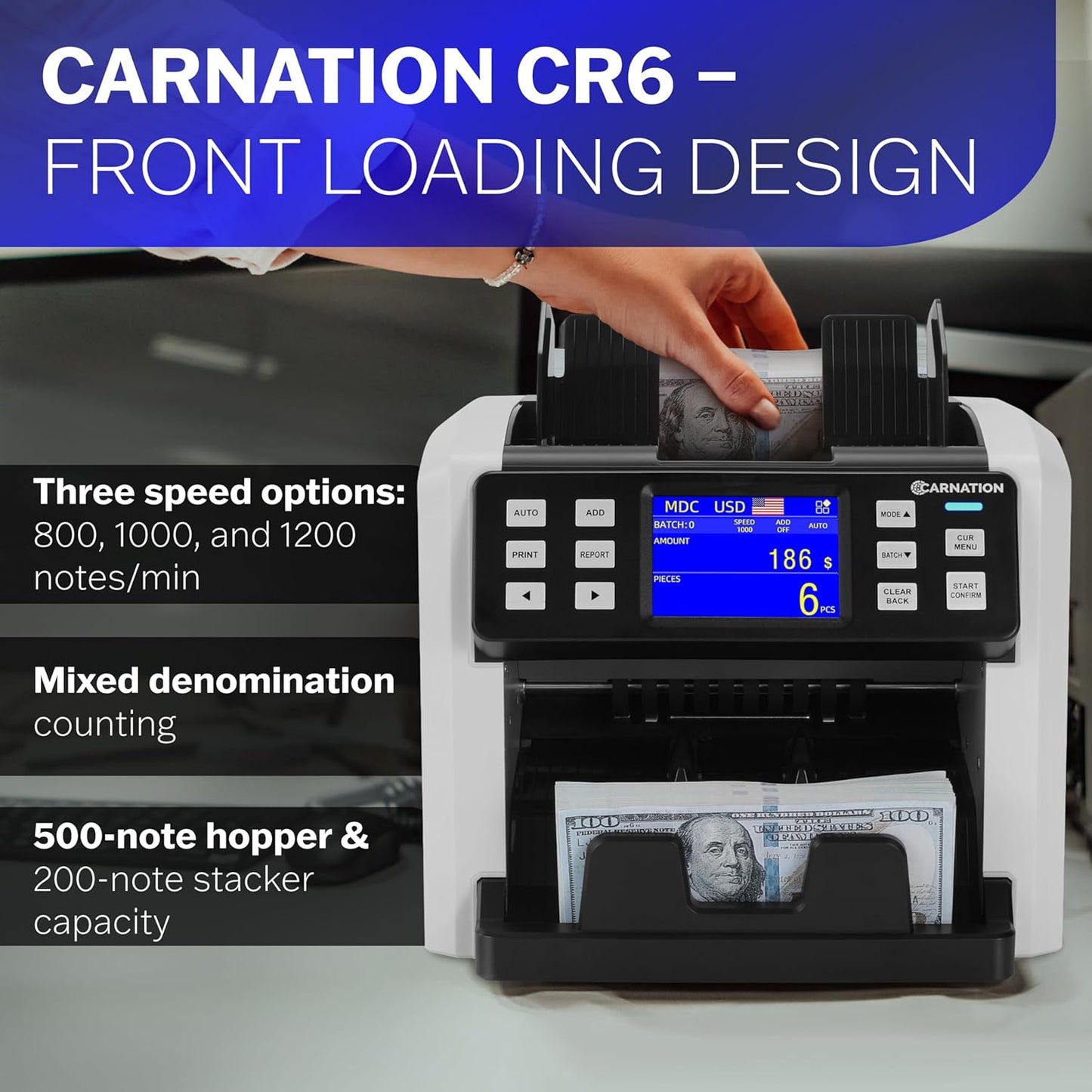 Carnation CR6 Mixed Denomination Money Counter Machine - Money Counter with UV/MG/IR Counterfeit Detection - 3 Speeds from 800~1000~1200N/M and Supported Currency USD/CAD/BRL/MXN/ARS/Pen/CLP/DOP/VES