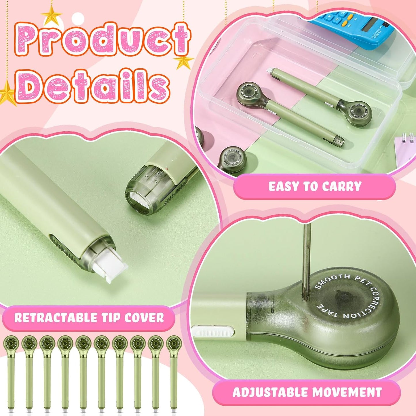 10 Pack Correction Tape Pen Correctional Ink Tape Push Pull Protective, Easy to Use Applicator for School Office Supplies, 0.2 x 236 Inch (Green Color)